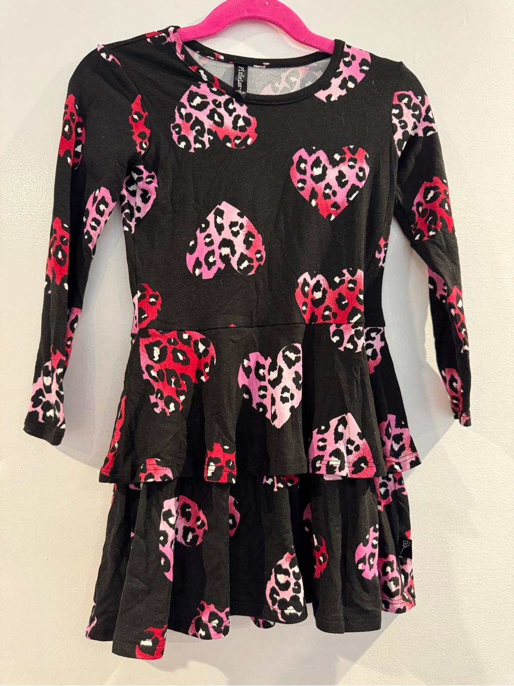 Pixielane Girls Black Heart Print Ruffle Dress with Pink & Red Hearts 4T